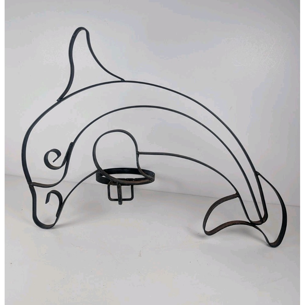 Dolphin Plant Holder Wall Hanger, 14" X 10" Metal Vintage Retro Ocean Theme